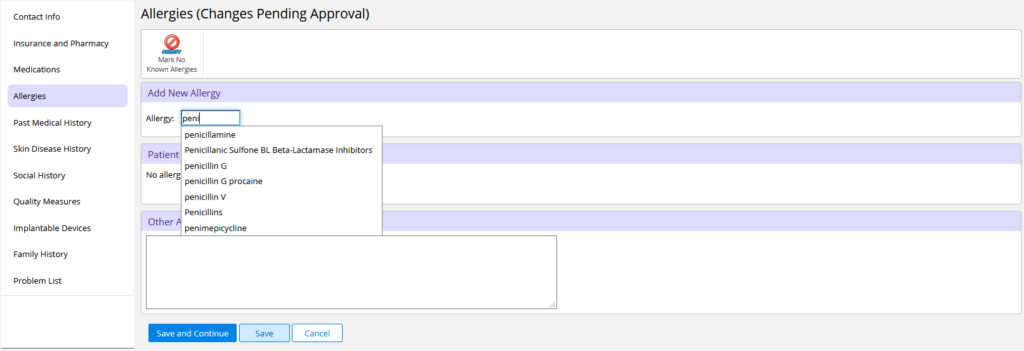 Patient Portal Add Allergy